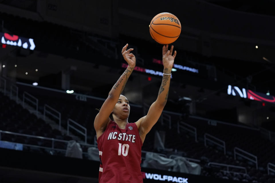 North Carolina State's Aziaha James shoots during a practice for an NCAA Women's Final Four semifinals basketball game Thursday, April 4, 2024, in Cleveland. (AP Photo/Carolyn Kaster)