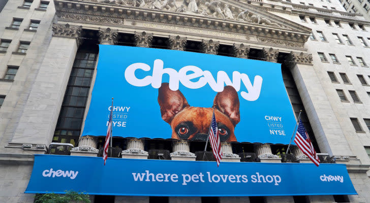 The Chewy (CHWY) logo on a banner at the New York Stock Exchange.