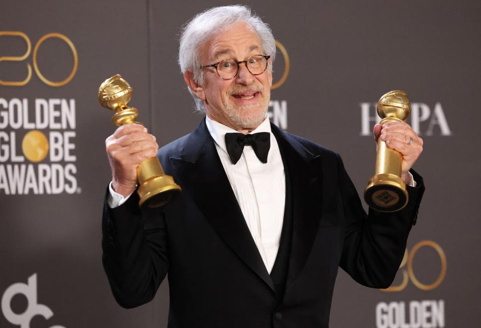 Steven Spielberg poses with his awards for Best Director in a Motion Picture and Best Picture Drama for “The Fabelmans” (REUTERS)