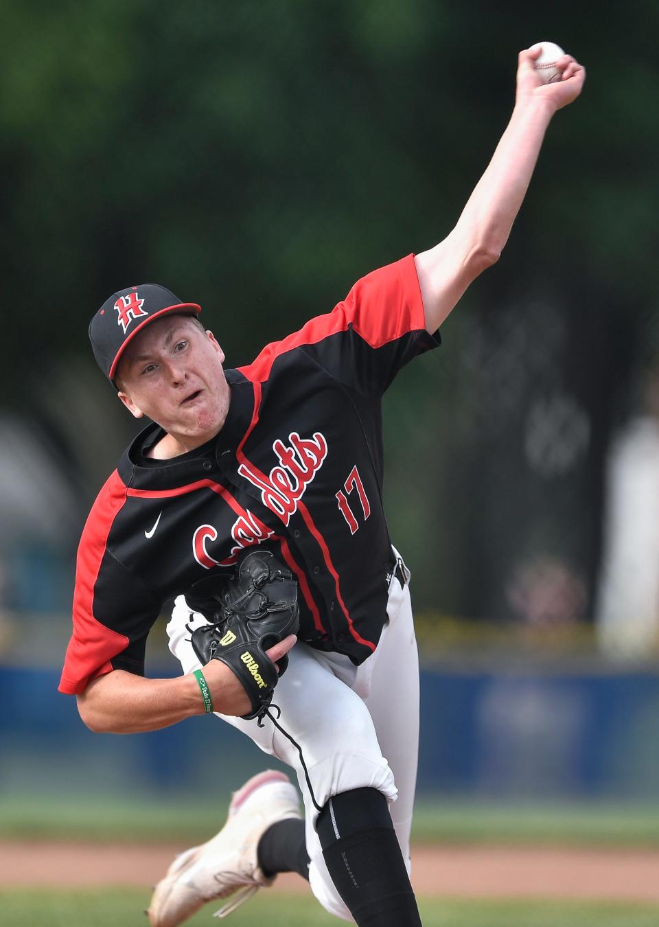 Hilton's Preston Prince pitches to a Penfield batter during the Section V Class AA Championship at Penfield High School, Tuesday, June 15, 2021. No. 2 seed Penfield won the Class AA title with a 6-0 win over No. 4 seed Hilton.