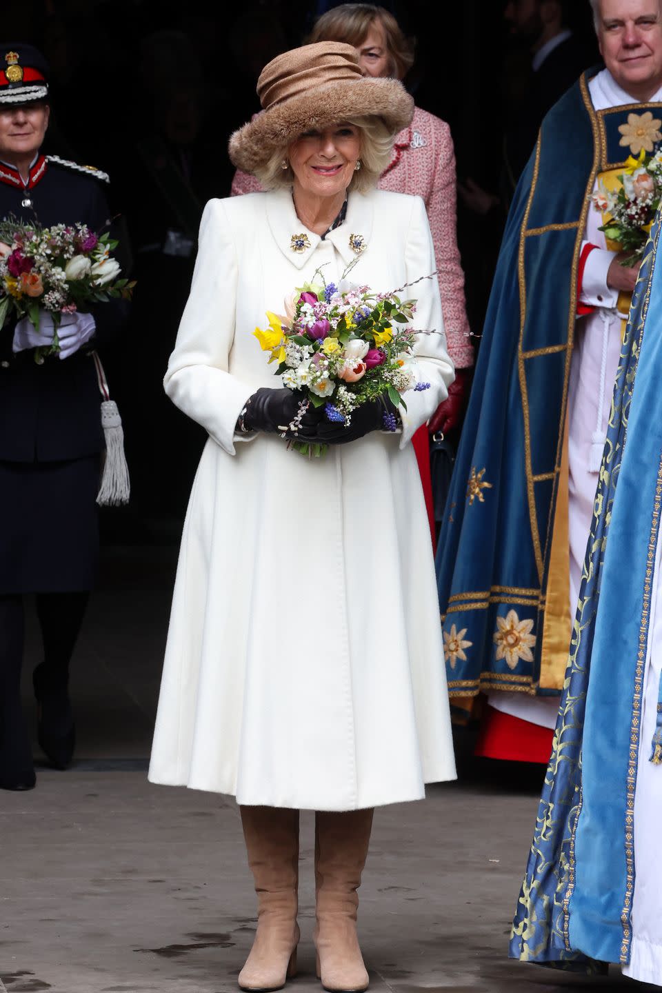 worcester, england march 28 queen camilla departs the royal maundy service at worcester cathedral on march 28, 2024 in worcester, england the royal maundy is an ancient ceremony, inspired by the bible on the day before good friday, jesus washed the feet of his disciples and commanded them to love one another by the thirteenth century the royal family was taking part in similar ceremonies queen camilla distributes maundy money to a selected group of christians to thank them for their work within the church king charles is unable to attend due to him fighting an illness on march 28, 2024 in worcester, england photo by chris jacksongetty images