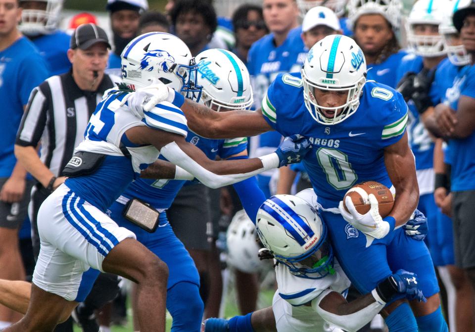 West Florida Argo John Jiles (0) runs down field during the final game of the regular season against Chowan Saturday, Novermber 11, 2020 at the University of West Florida.