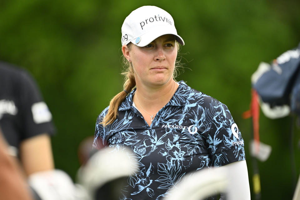 Jennifer Kupcho waits to tee off on the 17th hole during the first round in the Women's PGA Championship golf tournament at Congressional Country Club, Thursday, June 23, 2022, in Bethesda, Md. (AP Photo/Terrance Williams)