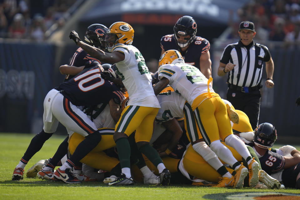 Green Bay Packers cornerback Rasul Douglas begins to celebrate after the Packers stopped Chicago Bears quarterback Justin Fields on fourth and one during the first half of an NFL football game Sunday, Sept. 10, 2023, in Chicago. (AP Photo/Erin Hooley)