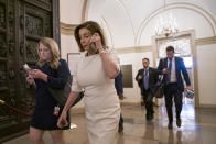 Speaker of the House Nancy Pelosi, D-Calif., arrives at the Capitol in Washington, Thursday, Sept. 26, 2019, just as Acting Director of National Intelligence Joseph Maguire is set to speak publicly for the first time about a secret whistleblower complaint involving President Donald Trump. Pelosi committed Tuesday to launching a formal impeachment inquiry against Trump. (AP Photo/J. Scott Applewhite)