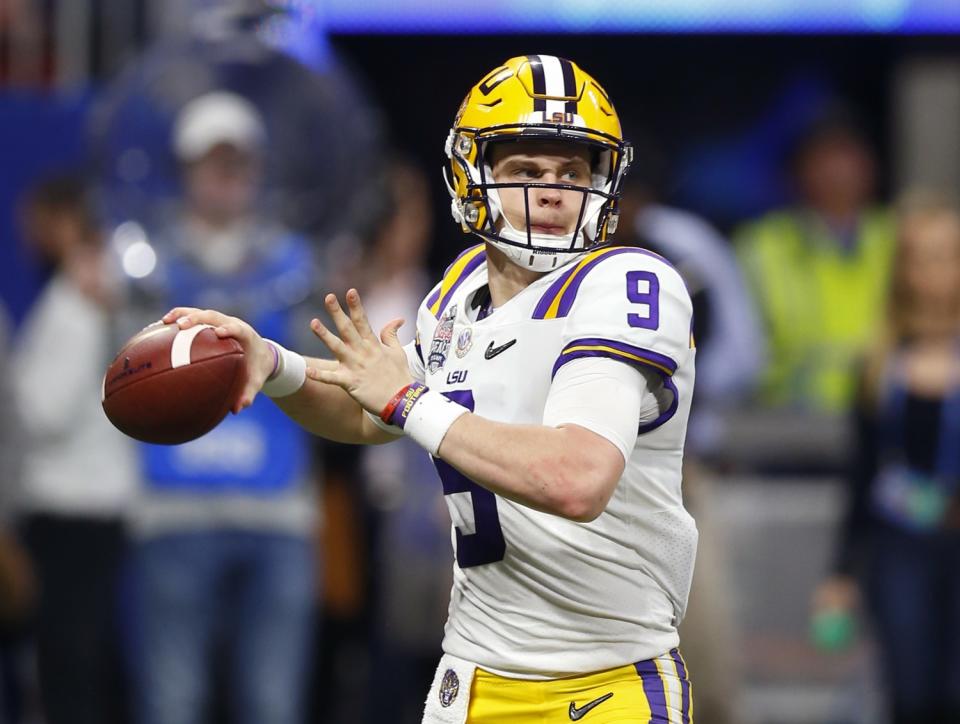 Louisiana State's Joe Burrow readies to pass in the College Football Playoff semifinal against Oklahoma in December.