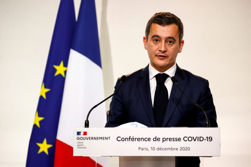 FILE PHOTO: French Interior Minister Gerald Darmanin speaks during a news conference on COVID-19 in Paris