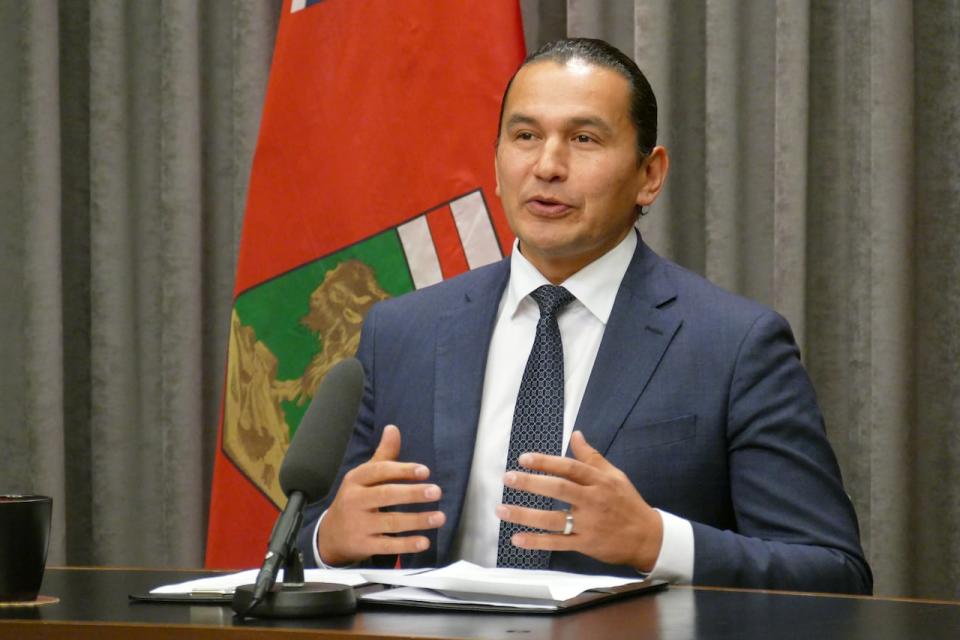 Manitoba Premier Wab Kinew speaks to the media before his government's first throne speech on Tuesday, Nov. 21, 2023.