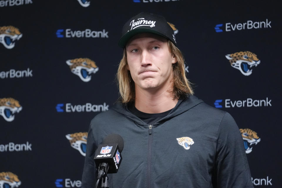 Jacksonville Jaguars quarterback Trevor Lawrence answers questions after an NFL football game against the Buffalo Bills, Monday, Sept. 23, 2024, in Orchard Park, NY. (AP Photo/Steven Senne)