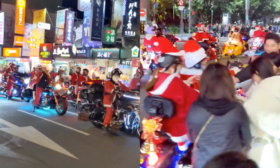 重機騎士扮成耶誕老人一起上街，還發糖果給民眾。（翻攝自推特@Gairaku_tw）