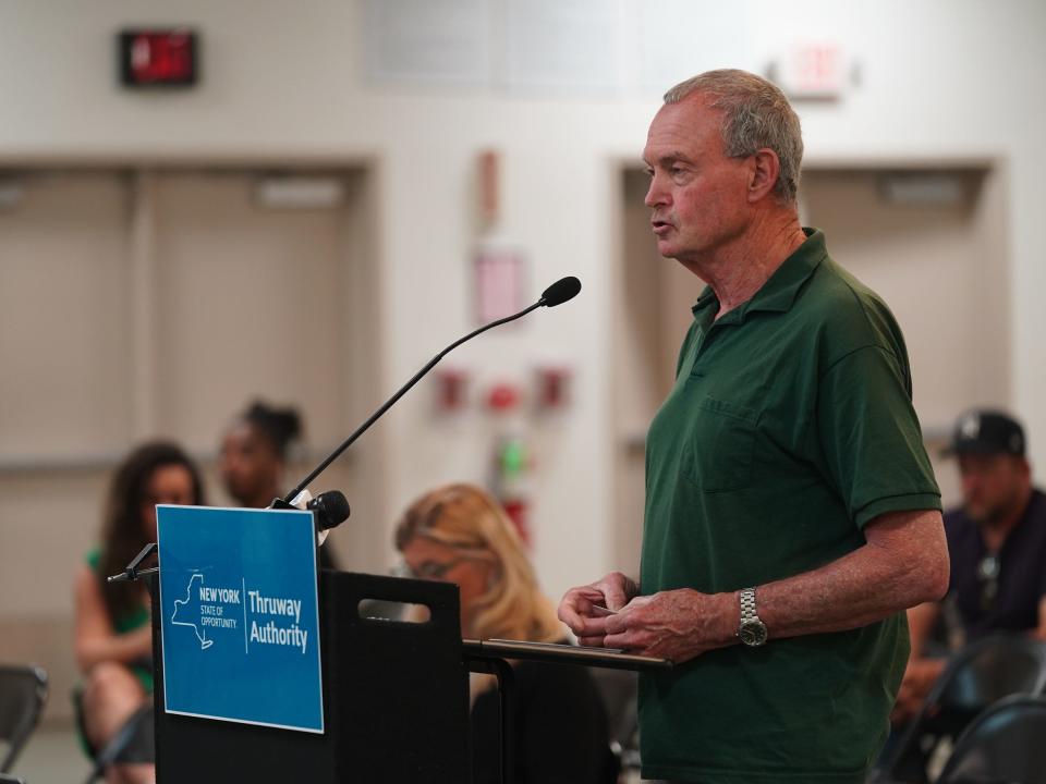 Haverstraw resident Ilan Schulein offers comments during a public hearing on toll pricing at Palisades Center Mall in West Nyack on Tuesday, May 16, 2023.