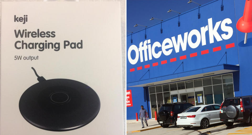 A Keji Wireless Charging Pad and an Officeworks store are pictured.