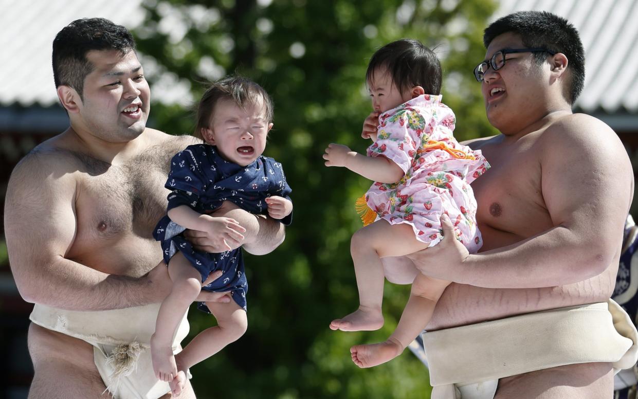 Babies, held by sumo wrestlers, cry during the Nakizumo or 'crying baby' traditional festival, which is believed to bring growth and good health to the infants - Getty Images Contributor