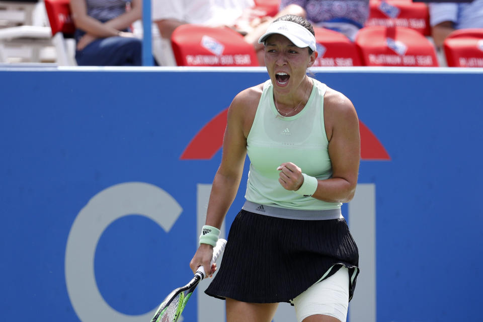 Jessica Pegula reacts during a final match against Camila Giorgi, of Italy, at the Citi Open tennis tournament, Sunday, Aug. 4, 2019, in Washington. (AP Photo/Patrick Semansky)