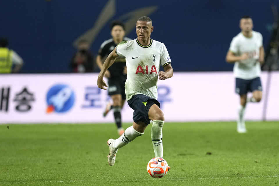 Tottenham's Richarlison dribbles the ball during an exhibition match between Tottenham Hotspur and Team K-league at Seoul World Cup Stadium in Seoul, South Korea, Wednesday, July 13, 2022. (AP Photo/Lee Jin-man)