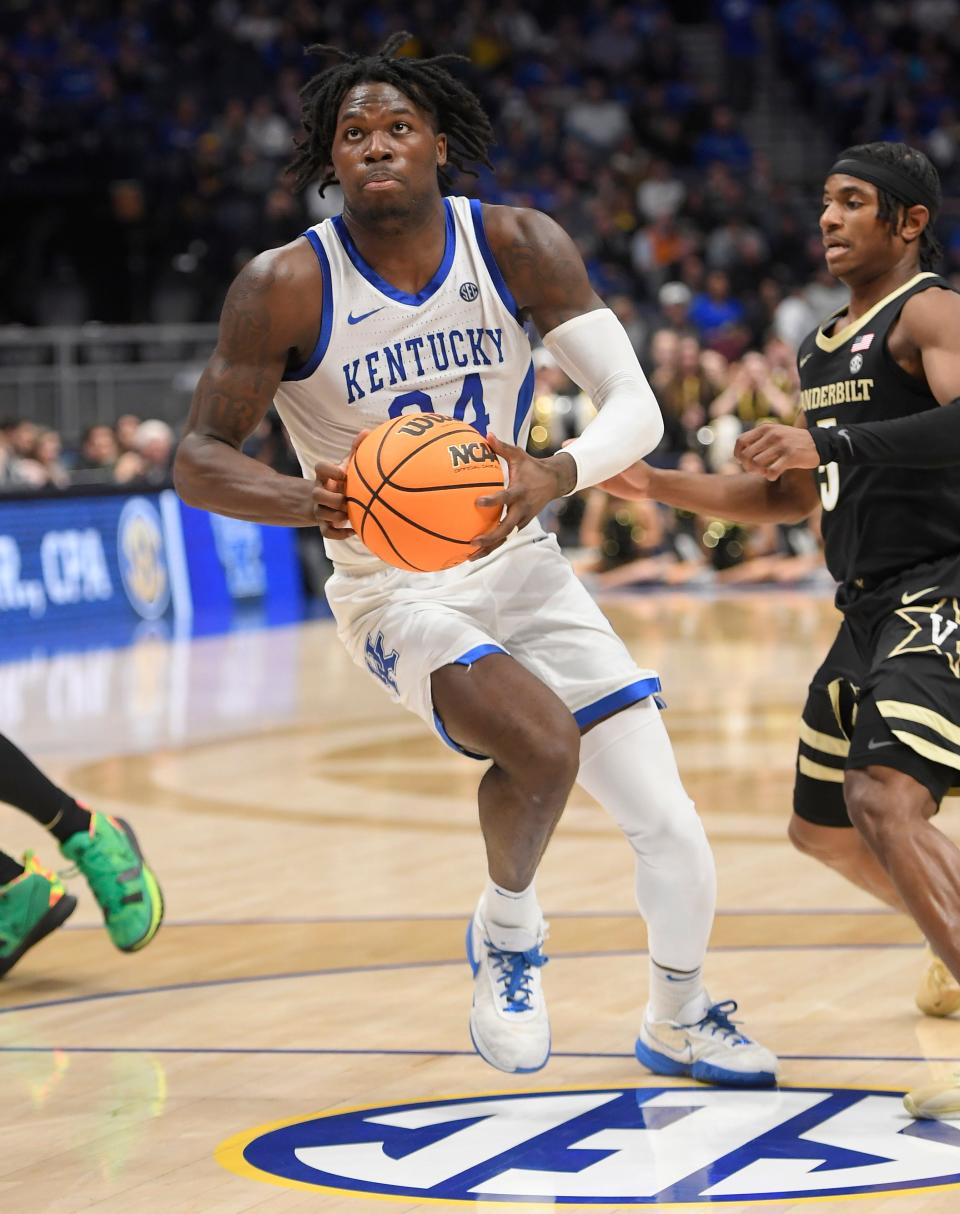 Mar 10, 2023; Nashville, TN, USA; Kentucky Wildcats forward Chris Livingston (24) goes to the basket against the Vanderbilt Commodores during the second half at Bridgestone Arena. Mandatory Credit: Steve Roberts-USA TODAY Sports