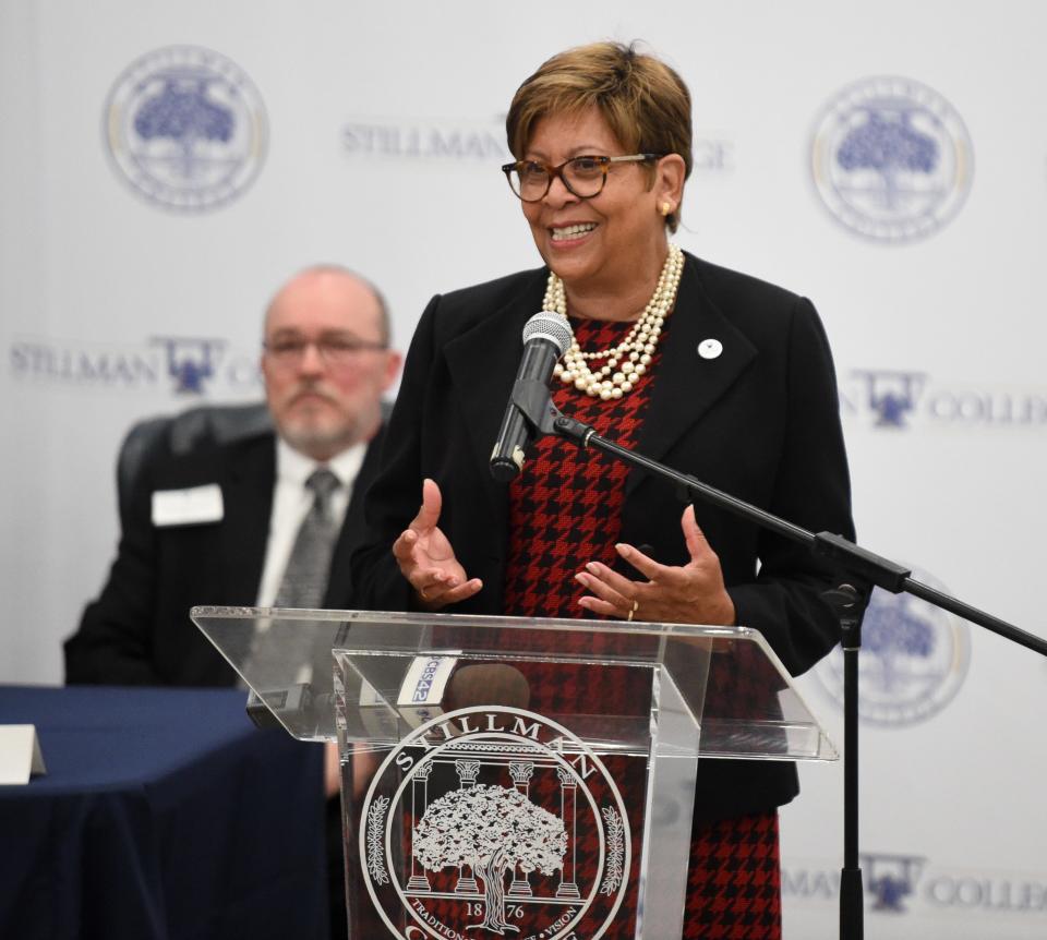 Stillman College and the University of Alabama signed a graduate school pathways agreement during a ceremony in the Wynn Center on the Stillman campus Thursday, March 31, 2022. President Cynthia Warrick from Stillman College speaks during the signing ceremony. Gary Cosby Jr./Tuscaloosa News