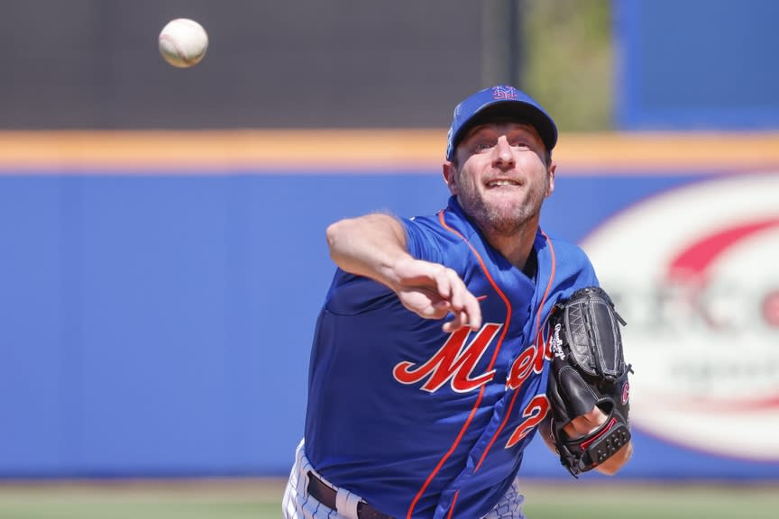 New York Mets starting pitcher Max Scherzer (21) throws a warmup pitch before the first inning against the Washington Nationals at Clover Park.