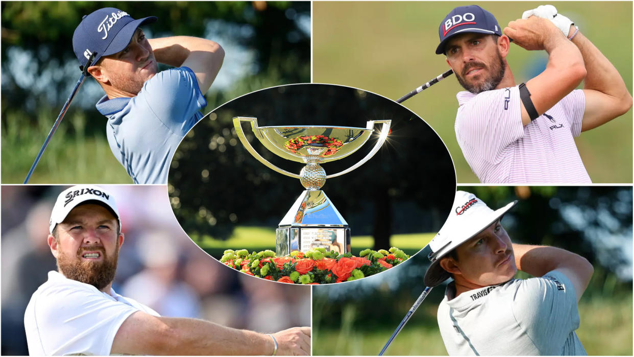  An image featuring the FedEx Cup trophy and Justin Thomas, Billy Horschel, Shane Lowry and Joel Dahmen 