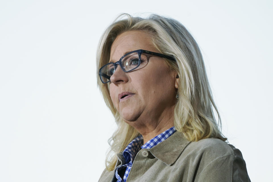 FILE - Rep. Liz Cheney, R-Wyo., speaks Aug. 16, 2022, at a primary Election Day gathering at Mead Ranch in Jackson, Wyo. Cheney lost to challenger Harriet Hageman in the primary. Cheney is openly considering a presidential run. But in the days since she lost her Wyoming congressional primary, would-be supporters have expressed skepticism about a White House bid. (AP Photo/Jae C. Hong, File)