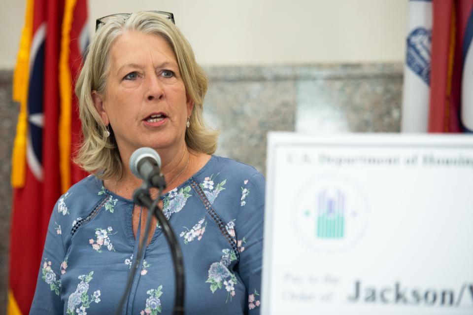 Tennessee Homeless Solutions Director Amy McDonald speaks during the HUD grant ceremony inside Jackson City Hall on Wednesday, Apr. 26, 2023. 