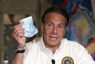 FILE — In this May 27, 2021 file photo, New York Gov. Andrew Cuomo discusses the wearing of masks as he speaks at a news conference, in New York. New York Gov. Andrew Cuomo and New York City Mayor Bill de Blasio have scheduled competing news conferences Monday, Aug. 2 amid rising COVID-19 case counts attributed to the highly contagious delta variant of the virus. (AP Photo/Mark Lennihan, Pool, File)