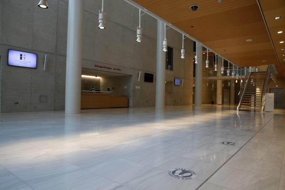 A view of the foyer of the Greek National Opera ahead of the video recording of "Despo-Greek Dances" Opera and dance performance in Athens, Saturday, March 6, 2021. Dozens of museum exhibitions, theater productions, discussion panels and historical re-enactments were planned in Greece for this year to commemorate the bicentennial of the 1821-1832 Greek War of Independence. But due to the coronavirus pandemic, mezzo-soprano Artemis Bogri and her fellow singers stepped onstage in an empty theater to perform the Greek National Opera’s new production of “Despo,” one of the events marking 200 years since the war that resulted in Greece’s independence from the Ottoman Empire and rebirth as a nation. (AP Photo/Thanassis Stavrakis)
