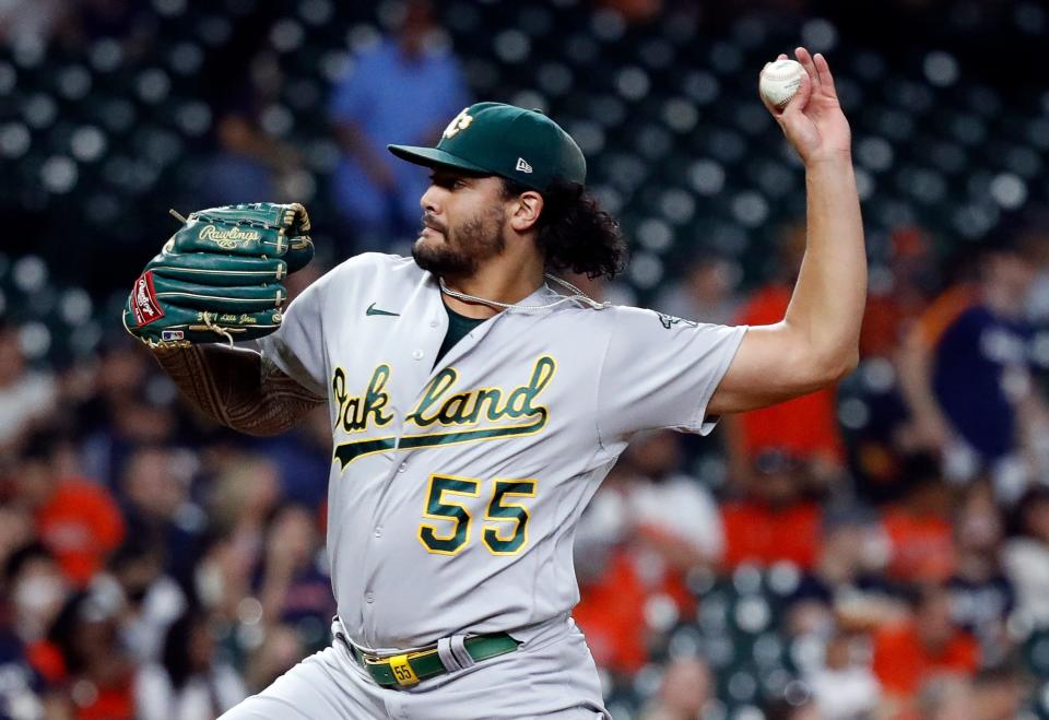 賣掉雙主力打者的奧克蘭運動家本季將進入重建，圖為Sean Manaea。(Photo by Bob Levey/Getty Images)