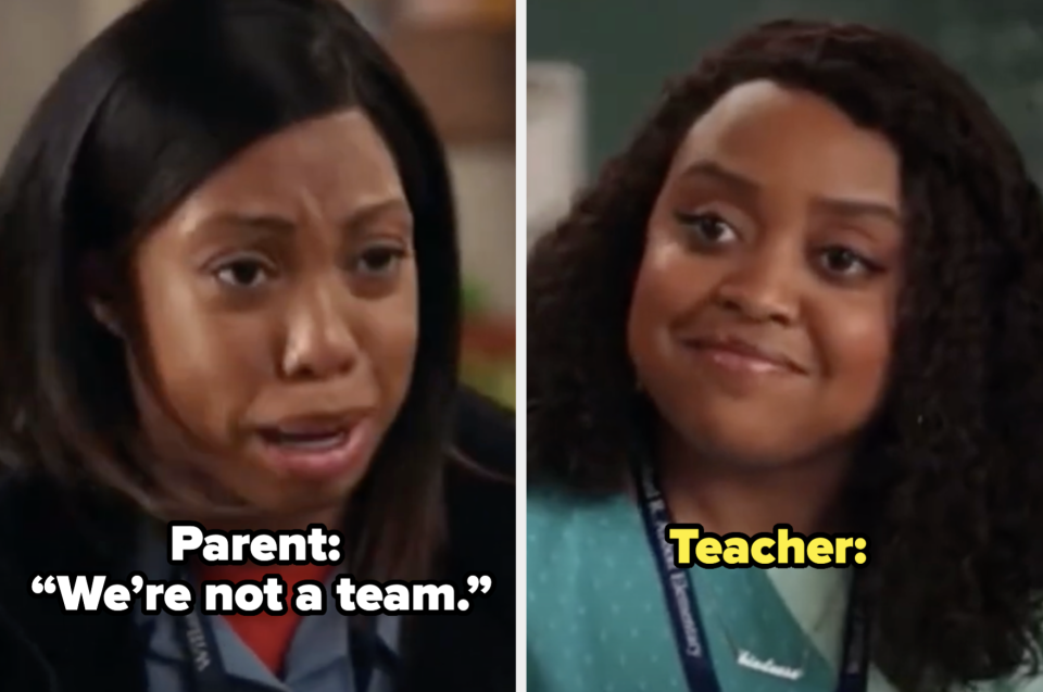 Split image: Left side shows a parent saying, "We're not a team." Right side shows a teacher smiling