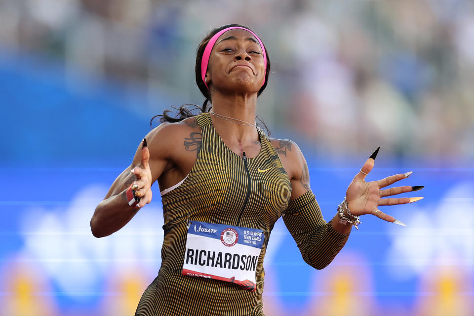 Sha'Carri Richardson reacts after winning the women's 100-meter dash final at the U.S. Olympic track and field trials on Saturday in Eugene, Oregon. (Photo by Patrick Smith/Getty Images)