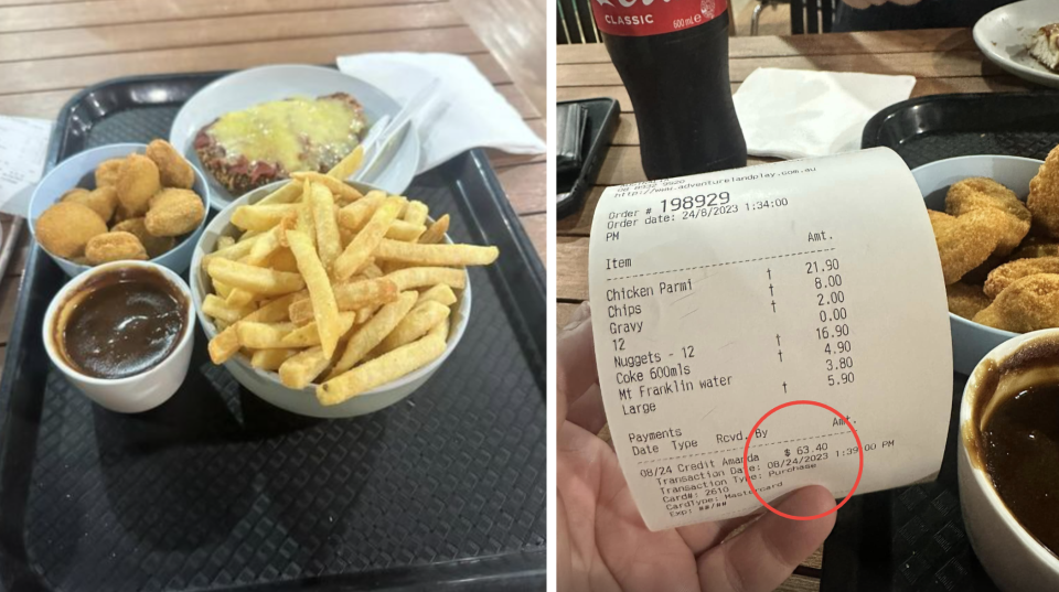 meal and receipt at Adventure Land in Darwin. 