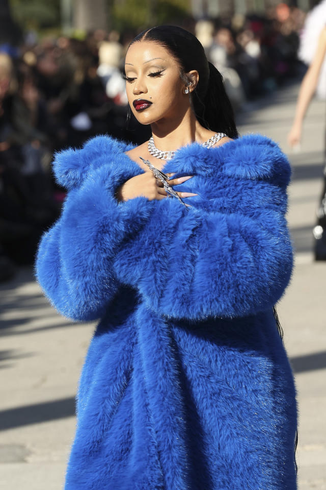 Cardi B makes runway debut in dramatic faux fur coat at Balenciaga LA show