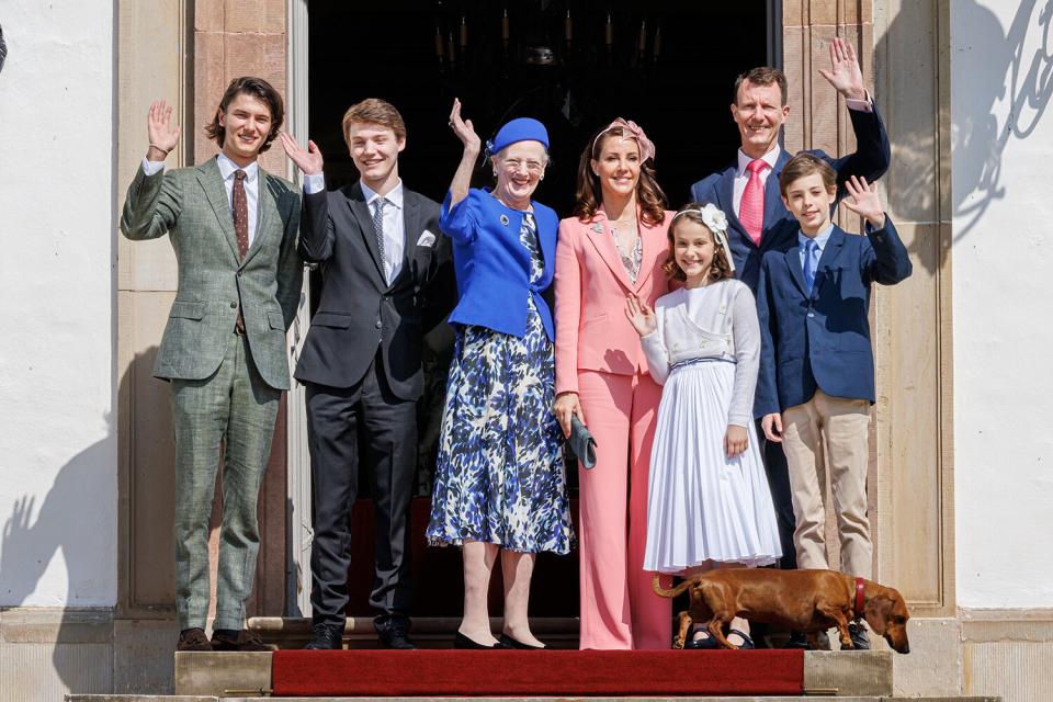 Queen Margrethe of Denmark, Prince Joachim of Denmark, Princess Marie of Denmark, Prince Nikolai of Denmark, Prince Felix of Denmark, Prince Henrik of Denmark and Princess Athena of Denmark during the confirmation of Princess Isabella of Denmark at on April 30, 2022 in Fredensborg, Denmark.