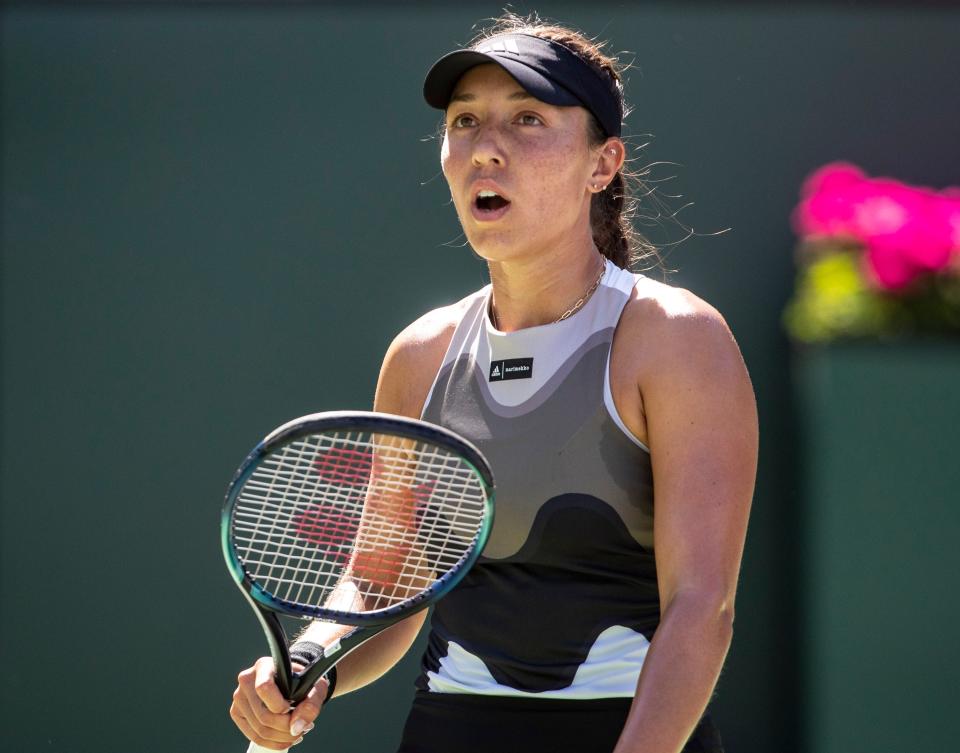 Jessica Pegula of the United States reacts to a point lost to Anastasia Potapova of Russia during their round three match at the BNP Paribas Open at the Indian Wells Tennis Garden in Indian Wells, Calif., Sunday, March 12, 2023. 