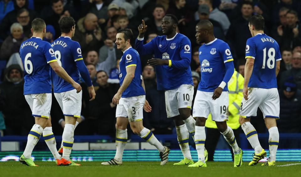 <p>Everton’s Romelu Lukaku celebrates scoring their fourth goal with team mates </p>