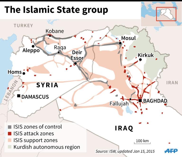 Map of Syria, Iraq, showing Islamic State zones of control on January 15, 2015