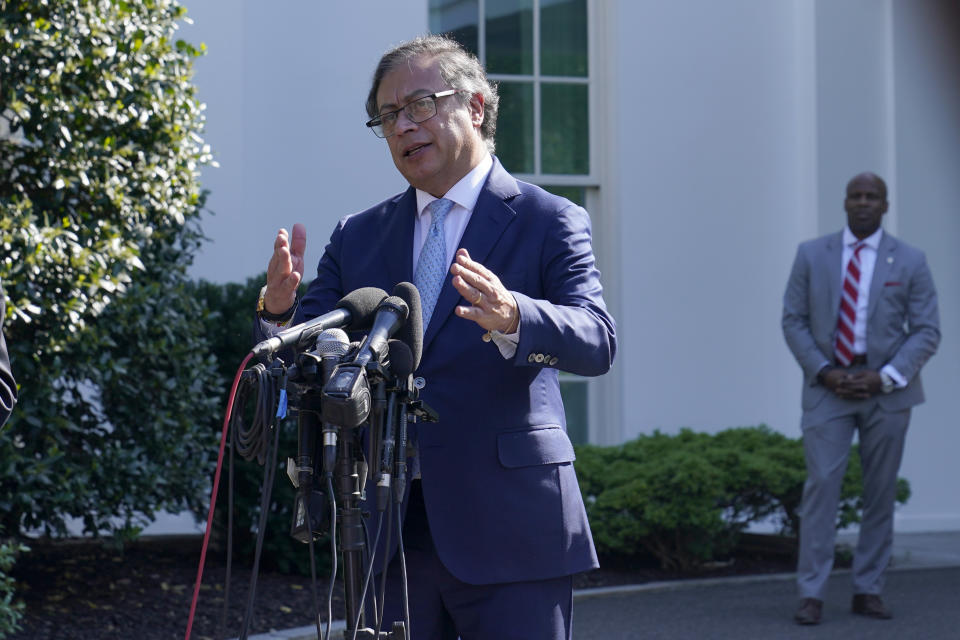 Colombian President Gustavo Petro speaks to reporters following his meeting with President Joe Biden at the White House in Washington, Thursday, April 20, 2023. (AP Photo/Susan Walsh)