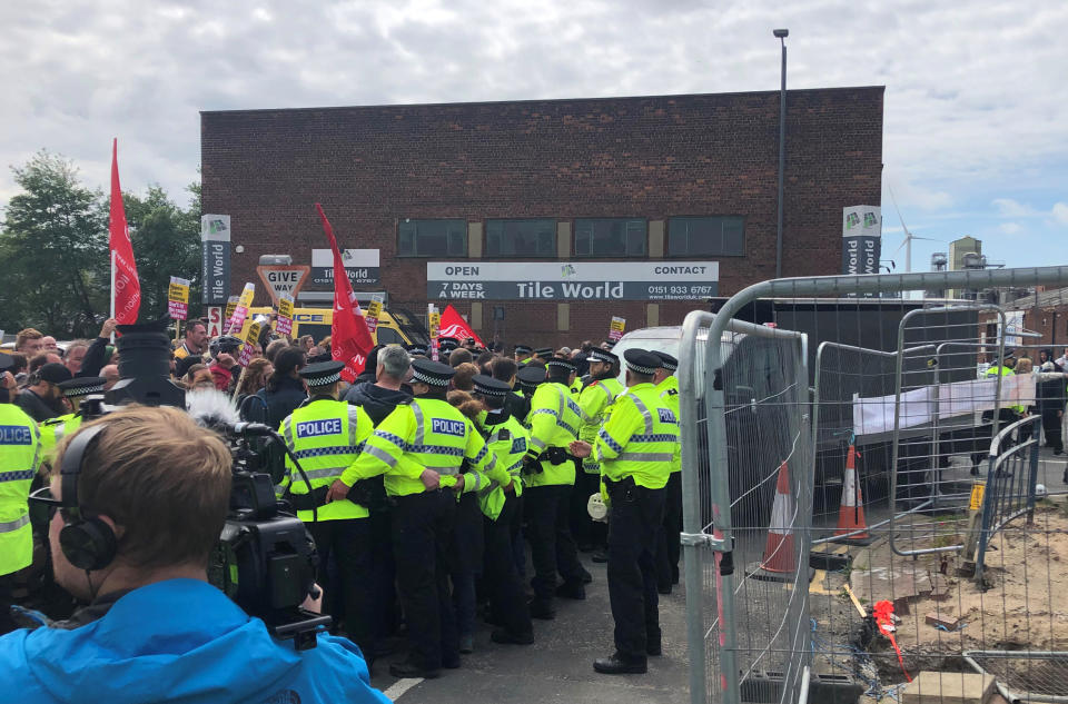 Robinson supporters and counter-protesters gathered in Bootle, Merseyside, ahead of the campaigner’s planned visit.