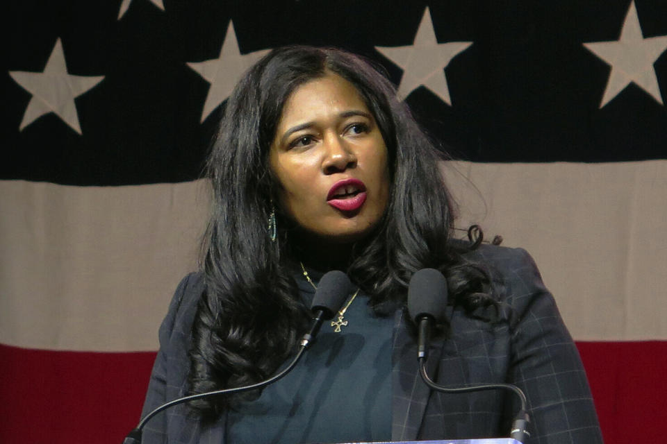 FILE - Kristina Karamo speaks to Michigan Republican Party delegates, Feb. 18, 2023, in Lansing, Mich. Michigan Republicans are planning dueling presidential nominating conventions that will take place March 2, even though the national Republican Party said members properly removed former chair Karamo and recognized former Congressman Pete Hoekstra as the party's new chair. Hoekstra announced Tuesday, Feb. 20, 2024, that he would hold a presidential nominating convention in Grand Rapids on the same day Karamo and her backers plan to hold one in Detroit. (AP Photo/Joey Cappelletti, File)