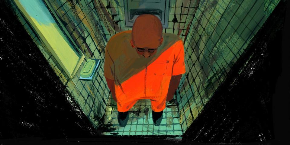 An illustration of a man in a prison jumpsuit standing in a dirty shower stall