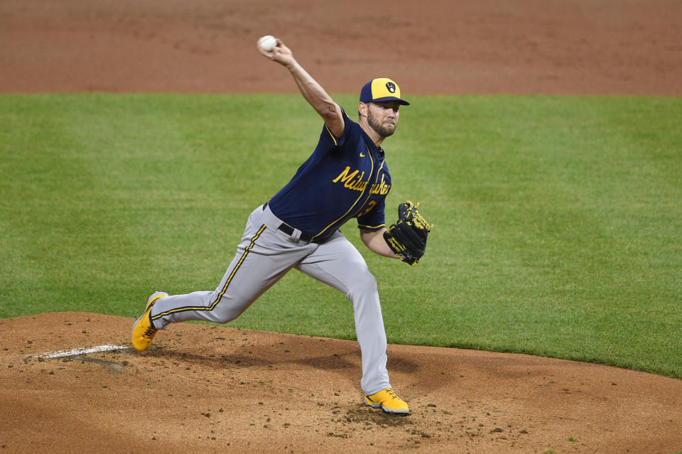 Milwaukee Brewers starting pitcher Adrian Houser throws the ball during the first inning of a baseball game against the Philadelphia Phillies, Monday, May 3, 2021, in Philadelphia. (AP Photo/Derik Hamilton)