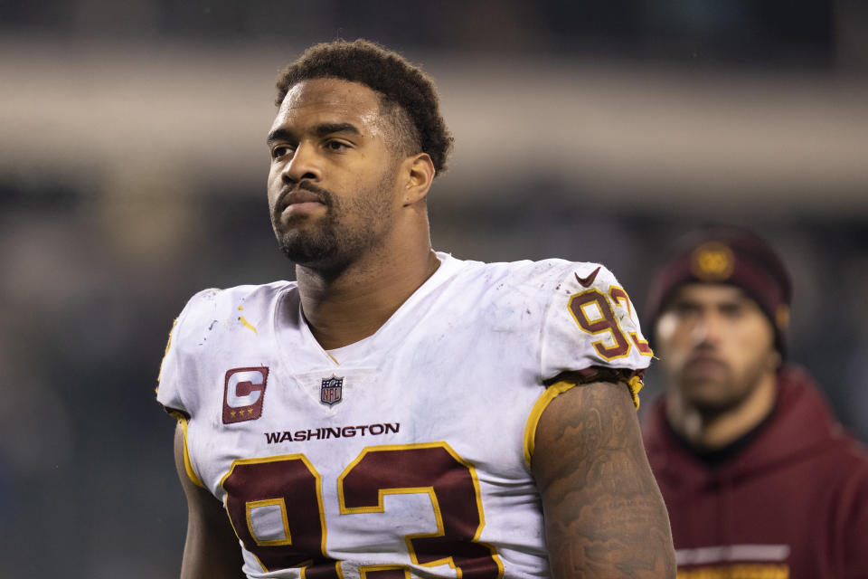 PHILADELPHIA, PA - DECEMBER 21: Jonathan Allen #93 of the Washington Football Team walks off the field after the game against the Philadelphia Eagles at Lincoln Financial Field on December 21, 2021 in Philadelphia, Pennsylvania. (Photo by Mitchell Leff/Getty Images)