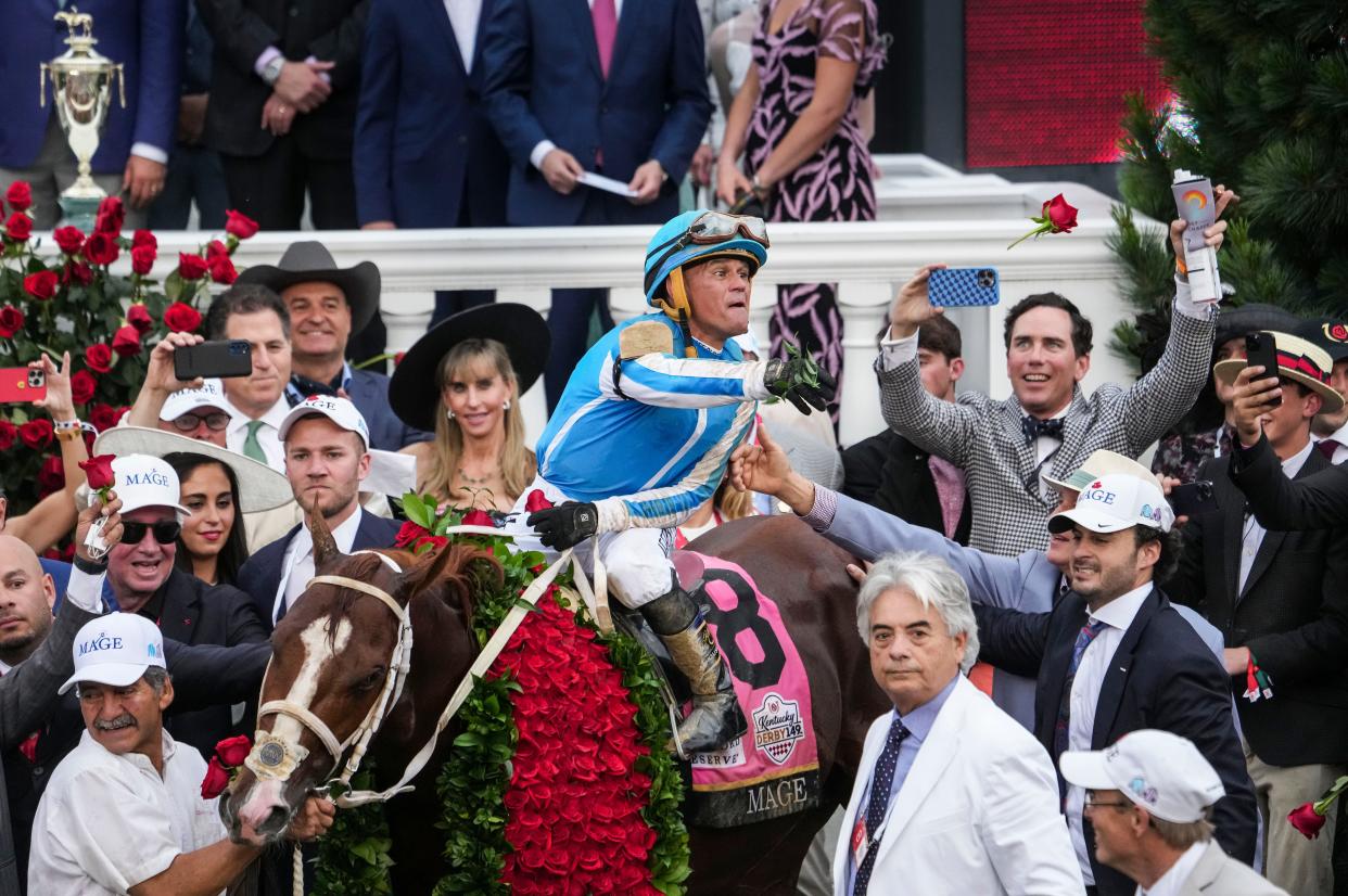 Jockey Javier Castellano celebrates aboard Mage after the two won the 149th Kentucky Derby Saturday at Churchill Downs in Louisville, Ky. Trainer is Gustavo Delgado. May, 6, 2023.