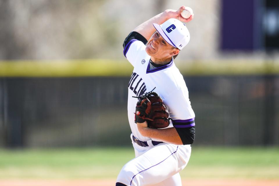 Fort Collins' Sean Togher (13) delivers a pitch during a high school baseball game against Fossil Ridge at Fort Collins High School on April 18, 2023. The Lambkins won 2-1.