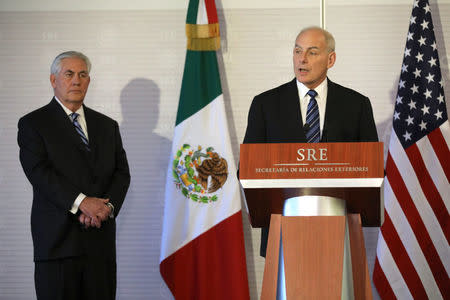 Secretary of Homeland Security John Kelly delivers a statement accompanied by U.S. Secretary of State Rex Tillerson (L) at the Mexican Ministry of Foreign Affairs in Mexico City, Mexico February 23, 2017. REUTERS/Carlos Barria