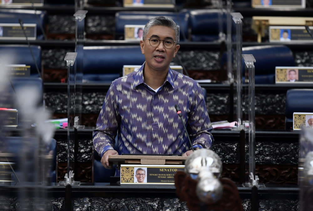 Finance Minister Datuk Tengku Zafrul Abdul Aziz at the Dewan Rakyat during the winding-up speech for Budget 2022, November 18, 2021. — Bernama pic