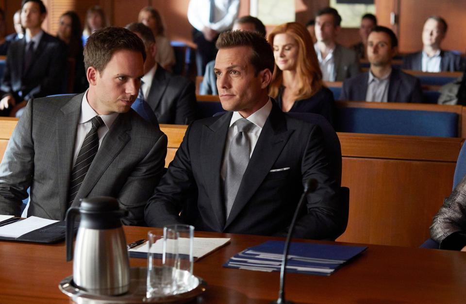 Patrick J. Adams as Mike Ross and Gabriel Macht as Harvey Specter in an episode of "Suits."