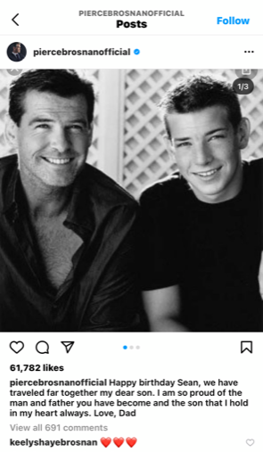 Brosnan and son Sean on Instagram.