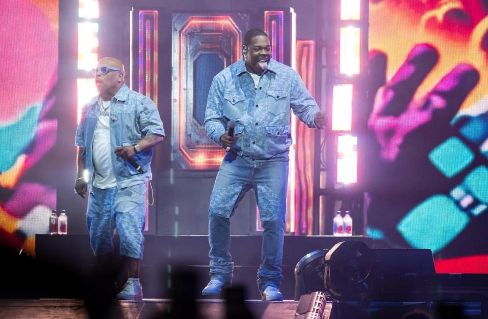 Busta Rhymes, right, accompanied by Spliff Star, performs “Put Your Hands Where My Eyes Could See” before headliner Curtis “50 Cent” Jackson on The Final Lap Tour, also featuring Jeremih, at Golden 1 Center on Monday, Sept. 4, 2023, in Sacramento. Hype man Spliff Star Xavier Mascareñas/xmascarenas@sacbee.com