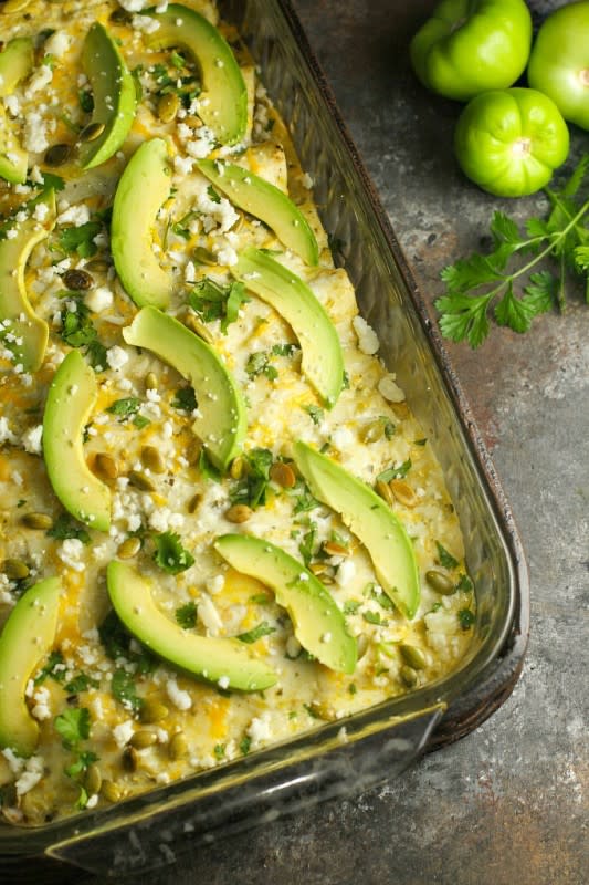 <p>A Dish of Daily Life</p><p>Replace sour cream with Greek yogurt in this delicious creamy green chile chicken enchilada recipe for a healthier version.</p><p><strong>Get the recipe: <a href="https://www.adishofdailylife.com/2017/06/creamy-green-chile-chicken-enchiladas-recipe/" rel="nofollow noopener" target="_blank" data-ylk="slk:Creamy Green Chile Chicken Enchiladas;elm:context_link;itc:0;sec:content-canvas" class="link rapid-noclick-resp">Creamy Green Chile Chicken Enchiladas</a></strong></p>